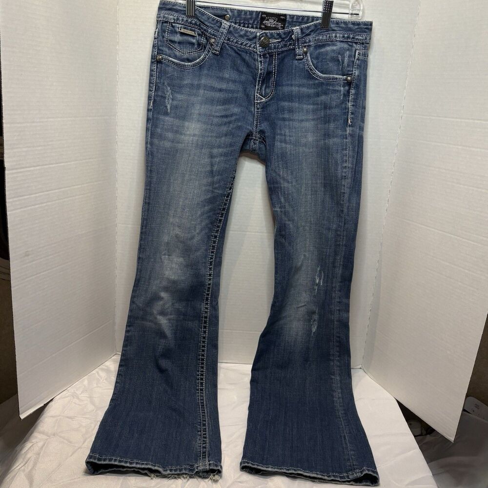 ReRock For Express Jeans Women's 6R Blue Bootcut Thick Stitch Low Rise Denim
